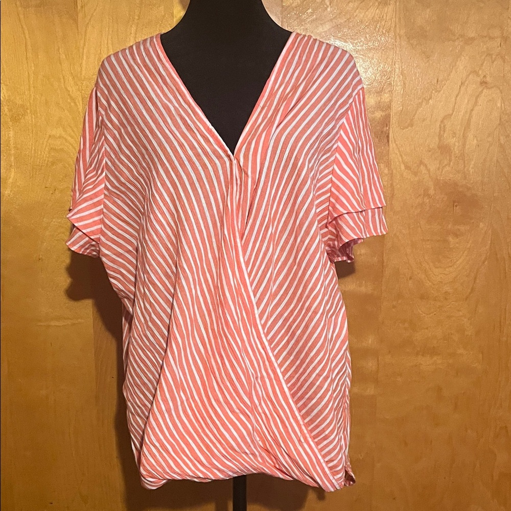 MICHAEL Michael Kors Large Coral and White Striped Surplice Blouse